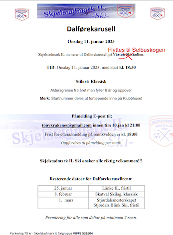 Dalførekarusellrenn onsdag 11.jan flyttet til Selbuskogen